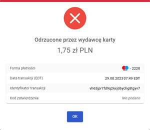 komunikat o odrzuceniu transakcji przez wydawcę kary w menu wirtualnego terminalu MOTO w panelu akceptanta Elavon